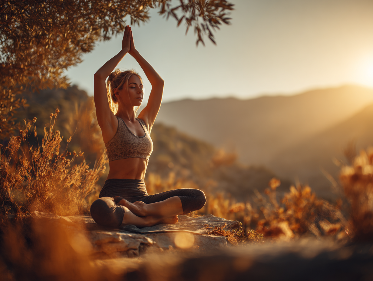 Жінка виконує асану йоги на природі в спокійній атмосфері