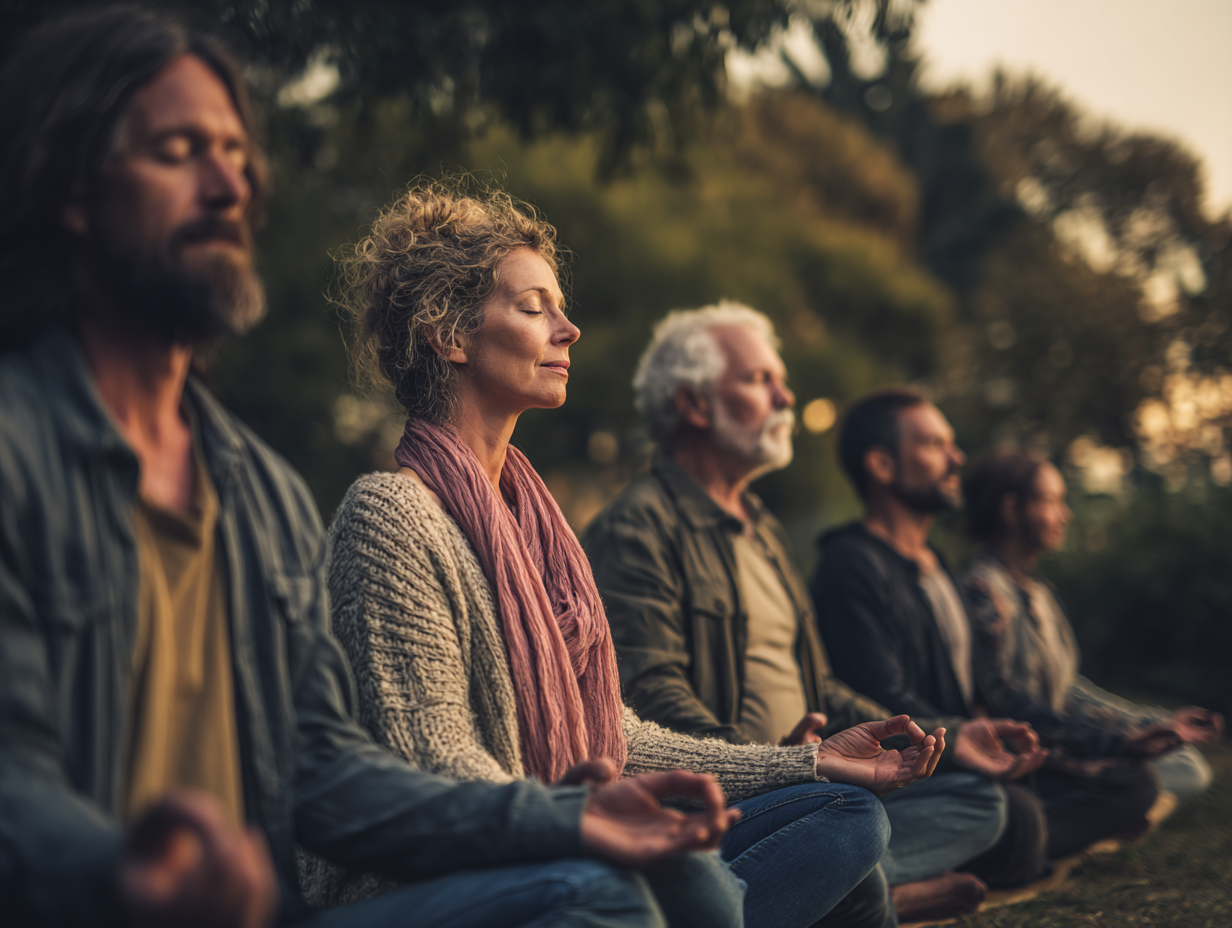 Група людей медитує в позі лотоса на природі